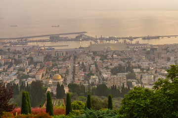 Sunrise view of downtown Haifa, the port, and the bay