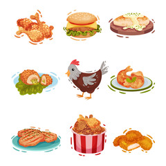 Set of various chicken dishes. Vector illustration on a white background.
