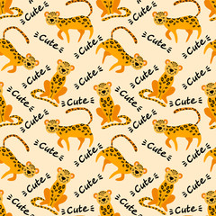 Seamless pattern with cute leopards and lettering