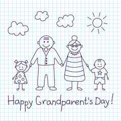 Happy grandparents day. Colorful card with text. Grandmother, grandfather and grandchildren. Vector illustration in cartoon and doodle style
