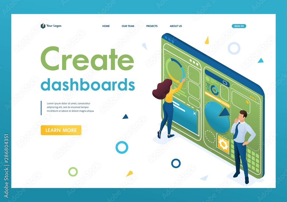 Poster young people are working on creating a dashboard with an individual menu. design concept. 3d isometr
