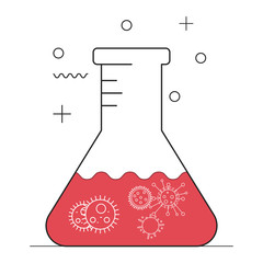 Red colored liquid inside a glass conical flask. Beaker.