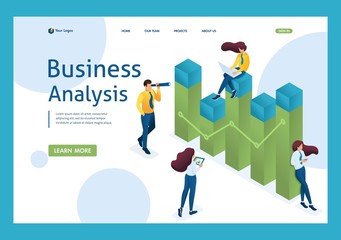Young team of entrepreneurs engaged in business Analytics. Data analysis concept. 3d isometric. Landing page concepts and web design