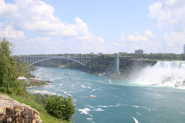 A view of the Niagara falls with a bridge spanning the river