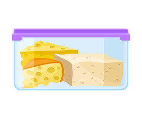 ontainer with cheese under a purple lid. Vector illustration on a white background.