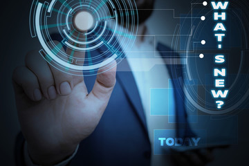 Word writing text What S New Question. Business photo showcasing when you ask someone about his current live events actions Male human wear formal work suit presenting presentation using smart device