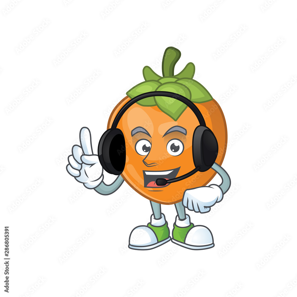 Wall mural With headphone cute persimmon cartoon style with mascot