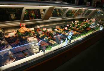 NORTH VANCOUVER BC CANADA - AUGEST 5, 2012: Different kinds of sausage and meat in the fridge...