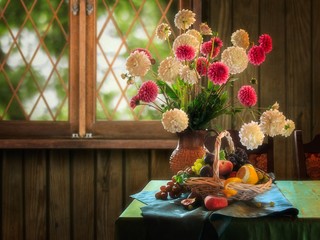 Still life with splendid Autumn bouquet of flowers