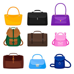 Set of bags and backpacks. Vector illustration on a white background.