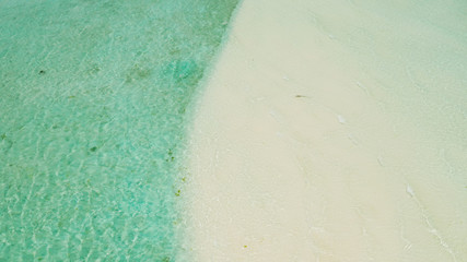 Fototapeta na wymiar Tropical sandy beach with wave and turquoise water,copy space for text, aerial view. Sea water surface in lagoon. Transparent turquoise ocean water surface. Background texture