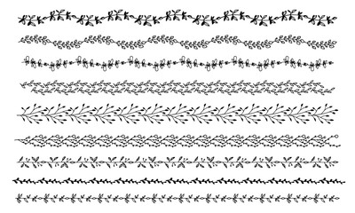 Fototapeta premium Set of floral dividers isolated on white background. Hand drawn doodle leaves for unique design.