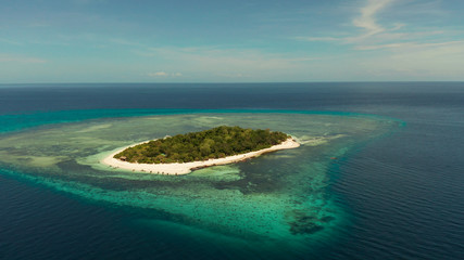 Fototapeta na wymiar Tropical island with sandy beach with atoll and coral reef, aerial drone. Island on turquoise atoll. Summer and travel vacation concept, Camiguin, Philippines, Mindanao