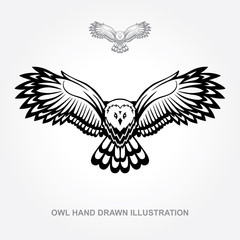 Owl. Flaying owl hand drawn vector illustration. Owl attack sketch drawing. Part of set.