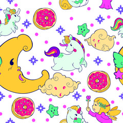 ๊Unicorn Fairy doughnut cupcake fantasy doodle Kawaii cartoons Seamless pattern vector with vivid pastel tone and white background