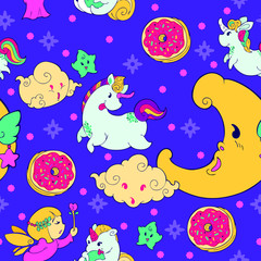 ๊Unicorn Fairy doughnut cupcake fantasy doodle Kawaii cartoons Seamless pattern vector with vivid pastel tone and violet purple background 