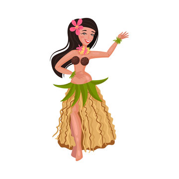 Girl in a traditional Hawaiian costume. Vector illustration on a white background.