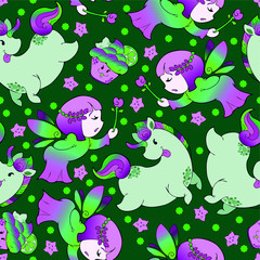 ๊Unicorn Fairy doughnut cupcake fantasy doodle Kawaii cartoons Seamless pattern vector with purple and green tone with green background