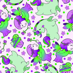 ๊Unicorn Fairy doughnut cupcake fantasy doodle Kawaii cartoons Seamless pattern vector with purple and green tone with soft pink background