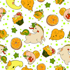 ๊Unicorn Fairy doughnut cupcake fantasy doodle Kawaii cartoons Seamless pattern vector with Lemon yellow green tone and white background