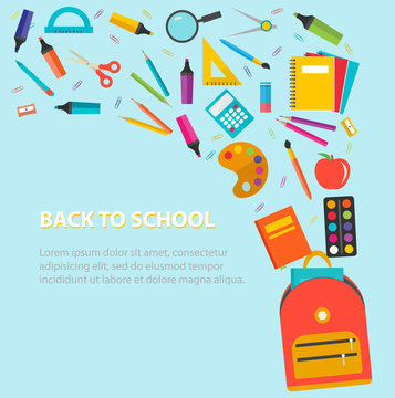 Back to school blue background with flying school supplies set, vector illustration