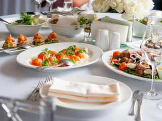 Table served for banquet.Plate with salmon fish. Tasty appetizer.