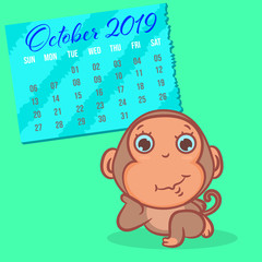 So cute monkey cartoon with October  2019 calendar scene vector concept on a green backgrounds