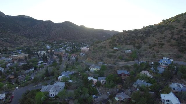 Bisbee Arizona aerial drone footage of an old historic mining town in southern Arizona known for copper mining and the Queen mine.