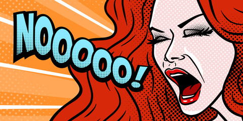 Comic style girl shouting NO, shocked angry expression, face close-up, beautiful young redhead woman, pop art, vector illustration