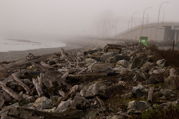 A landscape of a boulder covered beach