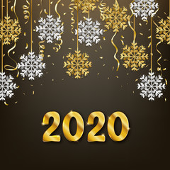 Glitter gold and silver snowflakes decoration, Happy New Year 2020 background, vector illustration