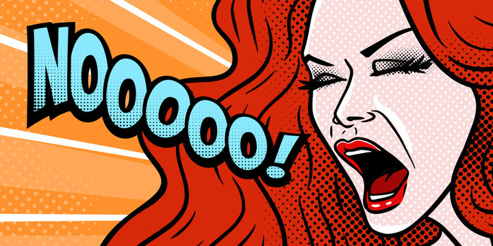 Comic style girl shouting NO, shocked angry expression, face close-up, beautiful young redhead woman, pop art, vector illustration