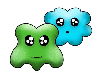 Green and blue Doodle monsters illustration with cartoon faces. Fantasy emoticons
