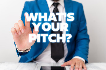 Handwriting text writing What S Is Your Pitch question. Conceptual photo asking about property of sound or music tone Businessman with pointing finger in front of him