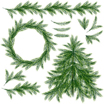 Christmas set useful for holiday decorations and border. Spruce tree, branches, wreath and border isolated on wite background. Vector, EPS 10.