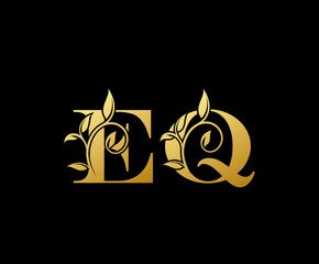 Golden letter E and Q, EQ, vintage decorative letter logo icon.
