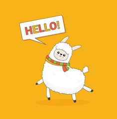 Cute cartoon alpaca drawing on bright background