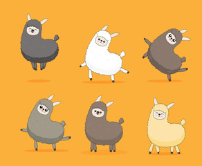 Cute cartoon alpaca drawing on bright background