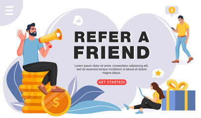 Refer a friend concept. Man with a megaphone invites his friends to referral program. People share info about referral program. Social communication, loyalty program for friends. Vector.