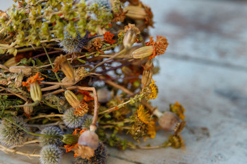 bouquet of dry flowers on blue wooden background