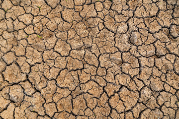 Top view of the Cracked soil in the summer. Cracks of the dried soil in arid season at rural Thailand.