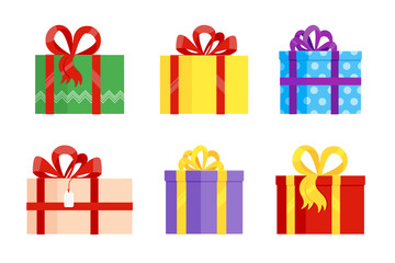 Set of various gift boxes with big ribbon and bow on it flat style design vector illustration isolated on white background. Wrapped present for holidays for you.