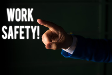 Word writing text Work Safety. Business photo showcasing policies and procedures in place to ensure health of employees Isolated hand pointing with finger. Business concept pointing finger