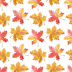 Naklejka na ściany i meble Watercolor leaves on a white background. Bright seamless pattern.Watercolour