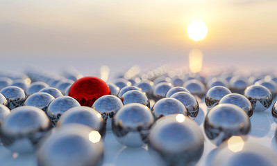 Concept or conceptual collection of balls with a red one standing out on blue background as a metaphor for creativity, leadership and independence. A courage, action and success 3d illustration - obrazy, fototapety, plakaty