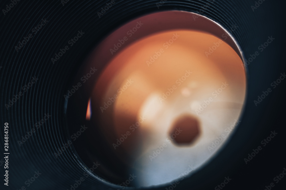 Poster close up beautiful camera lens background. macro view.