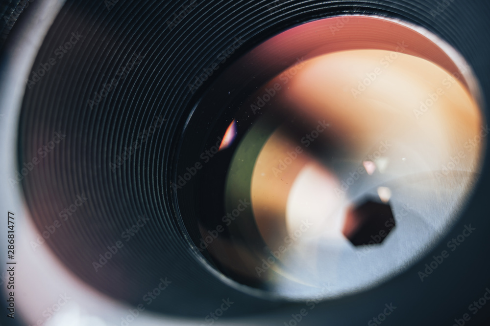 Poster close up beautiful camera lens background. macro view.