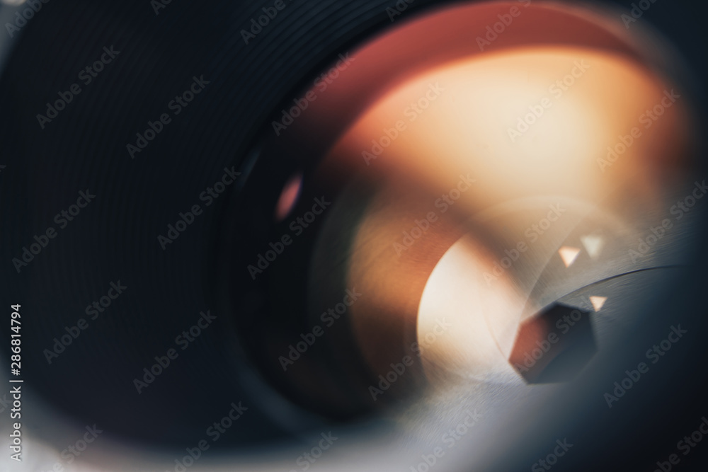 Poster close up beautiful camera lens background. macro view.