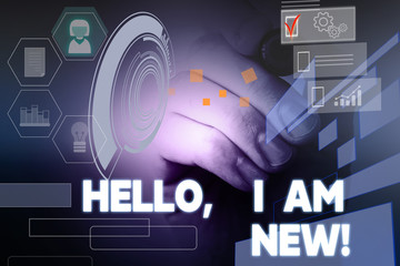 Text sign showing Hello I Am New. Business photo showcasing used as greeting or to begin telephone conversation Male human wear formal work suit presenting presentation using smart device