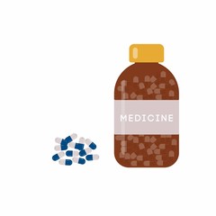 Medicine, pharmacy, hospital set of drugs with labels. Medication, pharmaceutics concept. Vector illustration